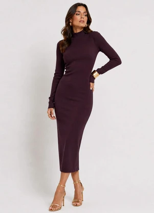 Infinita Cor - Vestido Midi Manga Comprida Gola Alta Roxo - INFINITA COR