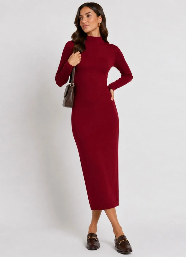 Infinita Cor - Vestido Midi Manga Comprida Gola Alta Vermelho