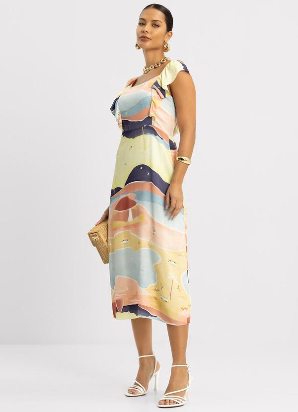 Lunender - Vestido Midi Manga Curta Babados Viscose Laranja