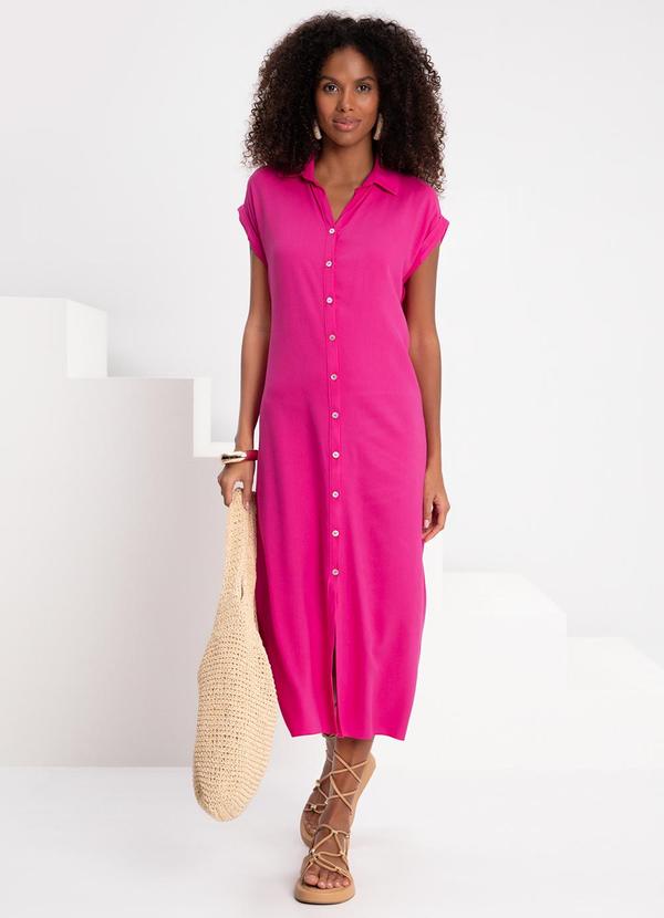 Lunender - Vestido Midi Manga Curta Gola Camisa Botões Rosa