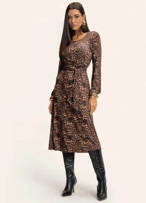 Endless - Vestido Midi Manga Longa Animal Print Marrom - ENDLESS