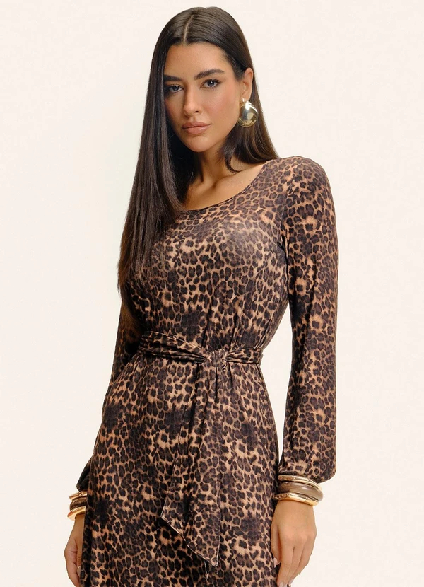 Endless - Vestido Midi Manga Longa Animal Print Marrom 2