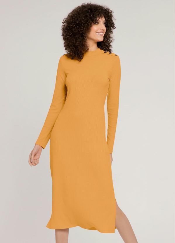 Lunender - Vestido Midi Manga Longa Canelado Amarelo
