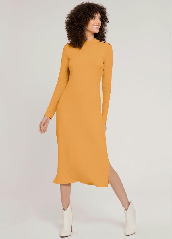 Lunender - Vestido Midi Manga Longa Canelado Amarelo 3