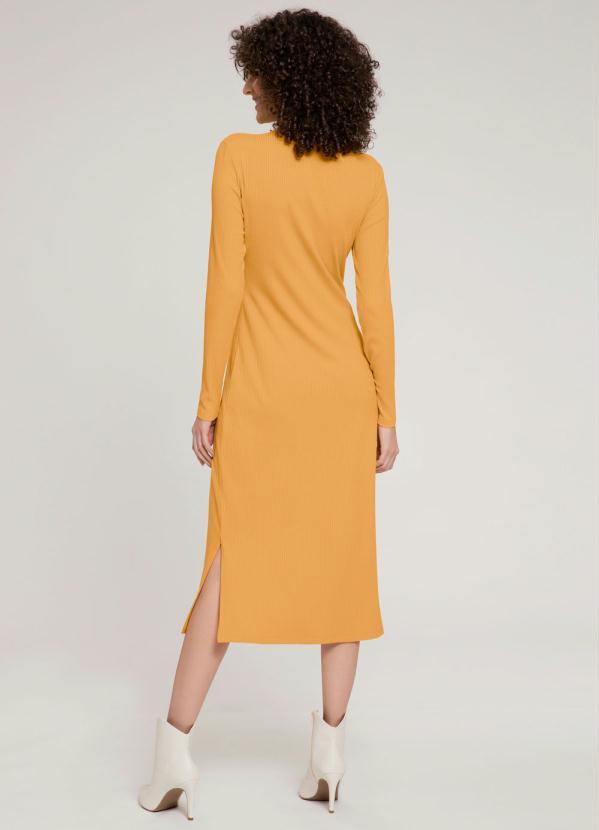 Lunender - Vestido Midi Manga Longa Canelado Amarelo 4