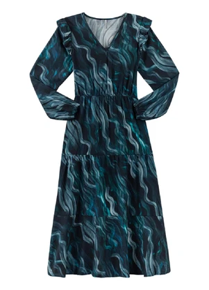 Outlet - Vestido Midi Manga Longa Feminino Azul - OUTLET