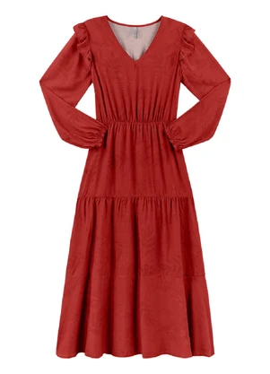 Outlet - Vestido Midi Manga Longa Feminino Vermelho - OUTLET