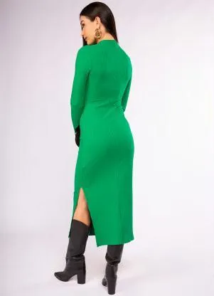 Doce Trama - Vestido Midi Manga Longa Ribana Canelada Verde - DOCE TRAMA