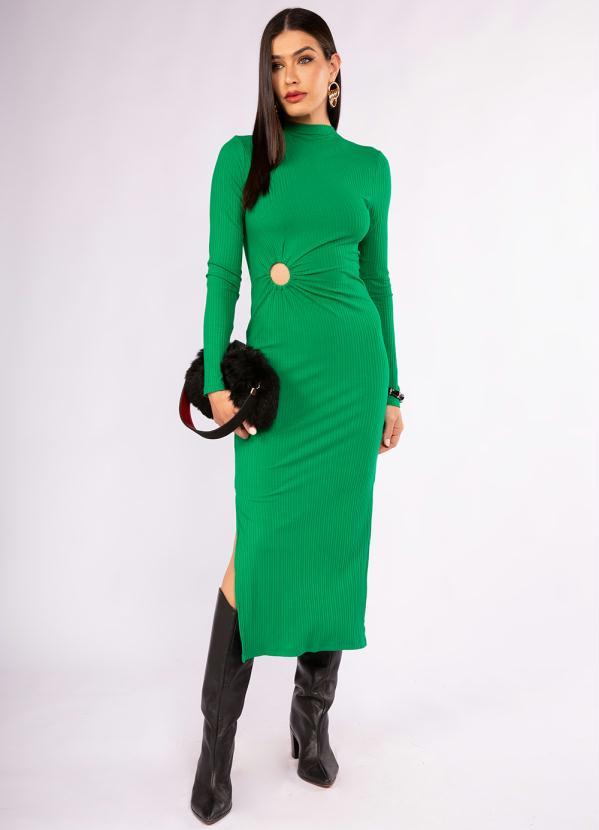 Doce Trama - Vestido Midi Manga Longa Ribana Canelada Verde