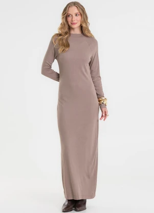 Rovitex - Vestido Midi Manga Longa Ribana Marrom - ROVITEX