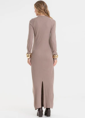 Rovitex - Vestido Midi Manga Longa Ribana Marrom - ROVITEX