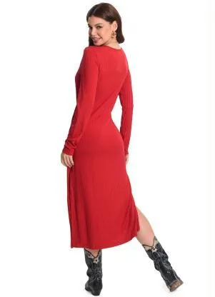 Rovitex - Vestido Midi Manga Longa Vermelho - ROVITEX