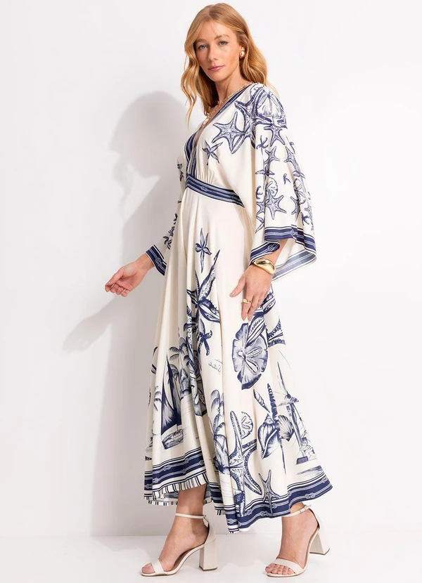 Farm - Vestido Midi Mar de Ondas Bege 3