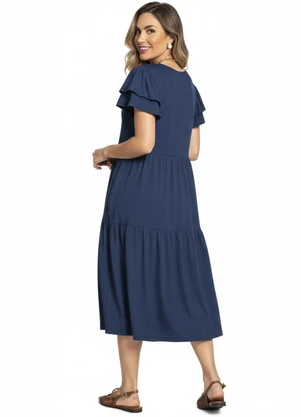 Quintess - Vestido Midi Marinho com Babados - QUINTESS