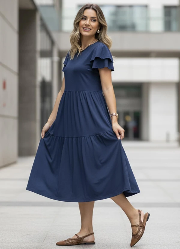 Quintess - Vestido Midi Marinho com Babados 3