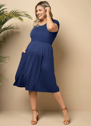 Quintess - Vestido Midi Marinho com Bolsos - QUINTESS