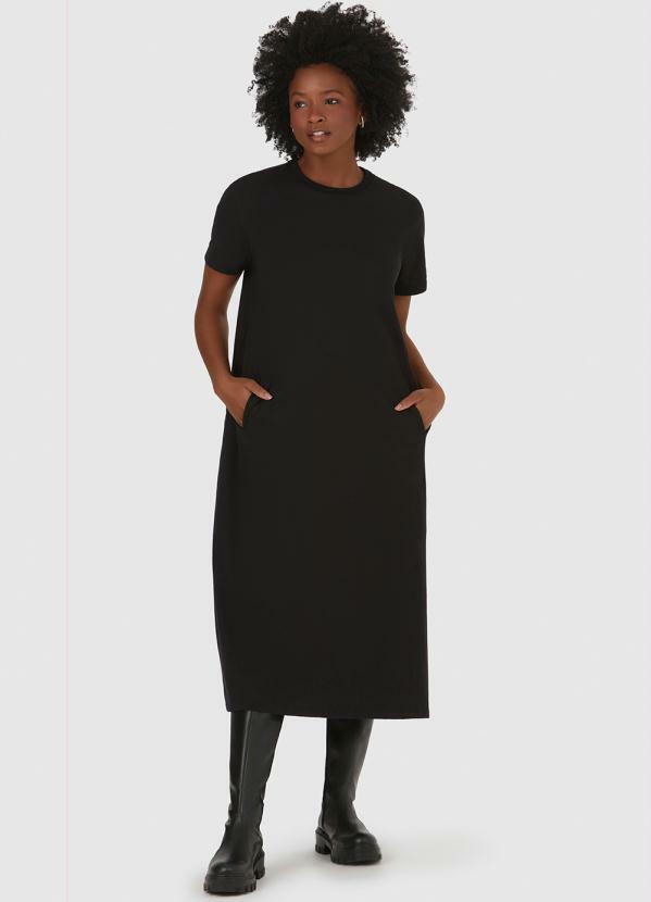 Malwee - Vestido Midi Meia Malha Pesada Preto