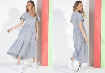 Vestido Midi Mescla com Babados e Mangas Amplas