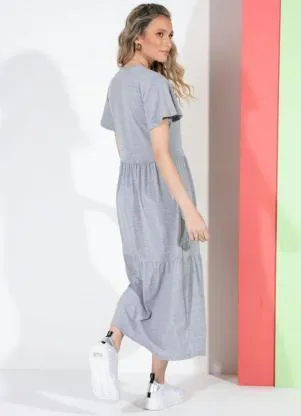 Quintess - Vestido Midi Mescla com Babados e Mangas Amplas - QUINTESS