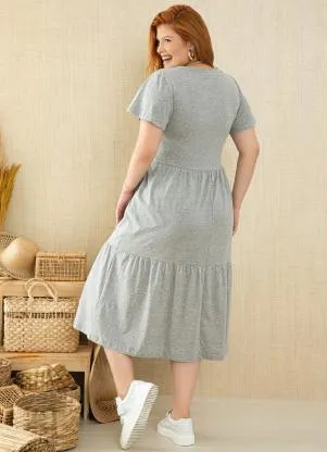 Quintess - Vestido Midi Mescla com Babados e Mangas Amplas - QUINTESS