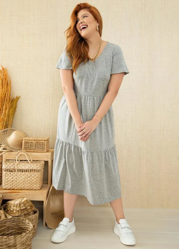 Quintess - Vestido Midi Mescla com Babados e Mangas Amplas 4