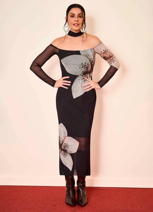 Doce Trama - Vestido Midi Ombro a Ombro em Tule Preto - DOCE TRAMA