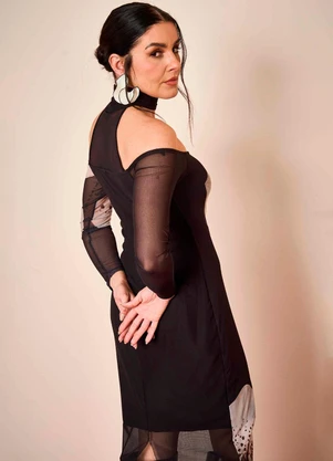 Doce Trama - Vestido Midi Ombro a Ombro em Tule Preto - DOCE TRAMA