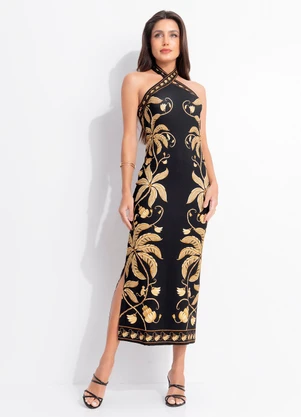 Farm - Vestido Midi Ourinho Tropical Preto - FARM