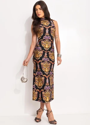 Farm - Vestido Midi Pantera Boho Preto - FARM