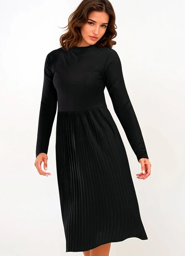 bonprix - Vestido Midi Plissado Preto