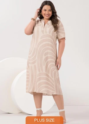 Lunender Mais Mulher - Vestido Midi Plus Size com Gola Padre Bege - LUNENDER MAIS MULHER