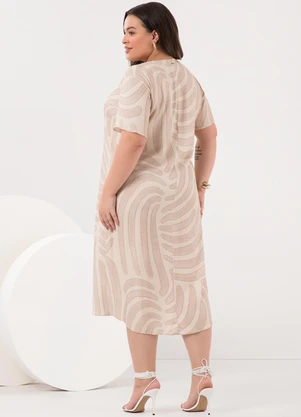 Lunender Mais Mulher - Vestido Midi Plus Size com Gola Padre Bege - LUNENDER MAIS MULHER