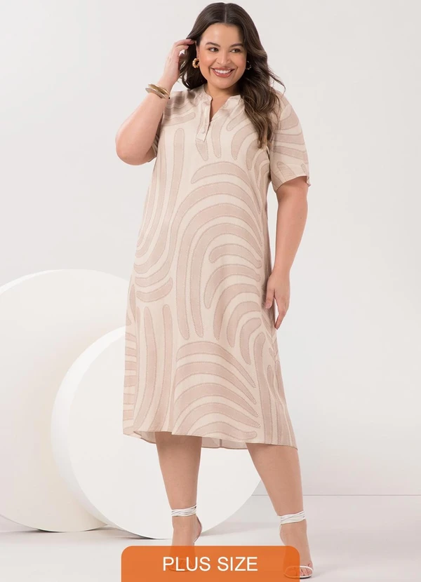 Lunender Mais Mulher - Vestido Midi Plus Size com Gola Padre Bege