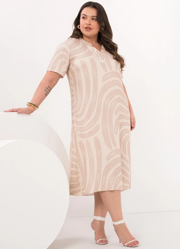 Lunender Mais Mulher - Vestido Midi Plus Size com Gola Padre Bege 3