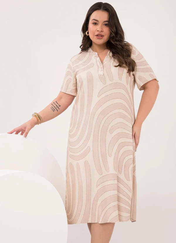 Lunender Mais Mulher - Vestido Midi Plus Size com Gola Padre Bege 2
