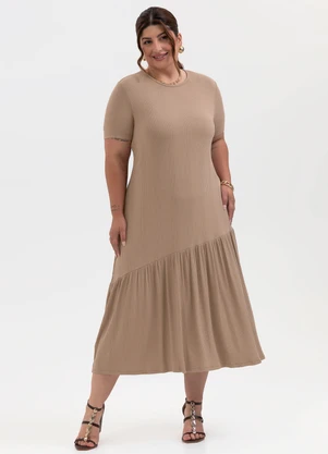 Habana - Vestido Midi Plus Size em Canelado Marrom - HABANA