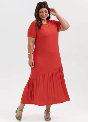 Habana - Vestido Midi Plus Size em Canelado Vermelho - HABANA