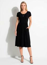 Vestido Midi Preto Acinturado com Bolsos