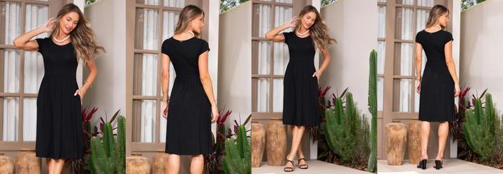 Vestido Midi Preto Acinturado com Bolsos