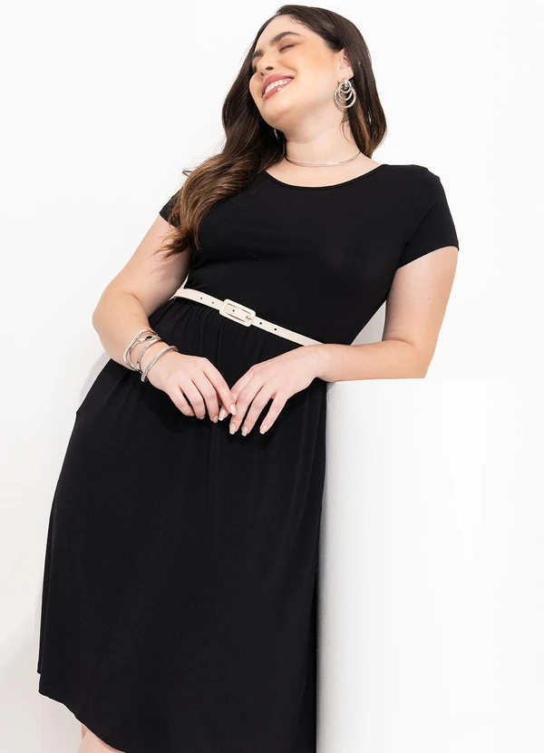 Quintess - Vestido Midi Preto Acinturado com Bolsos 11