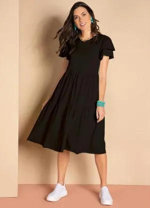 Quintess - Vestido Midi Preto com Babados - QUINTESS