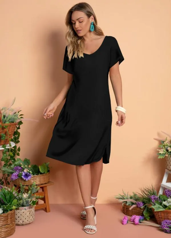 Quintess - Vestido Midi Preto com Bolsos 5