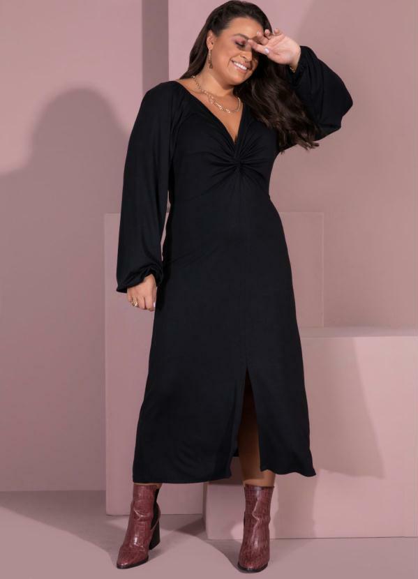 Outlet - Vestido Midi Preto com Franzidos no Busto