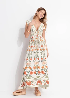 Farm - Vestido Midi Recanto de Flor Bege - FARM