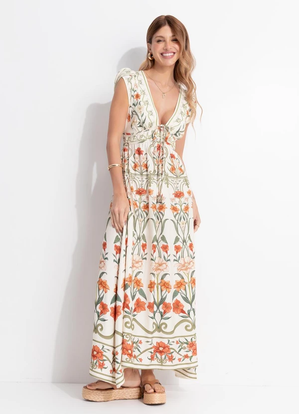 Farm - Vestido Midi Recanto de Flor Bege
