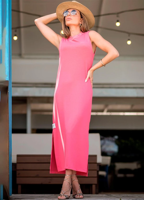 Hiatto Confecção - Vestido Midi Regata Fenda Lateral Rosa 3