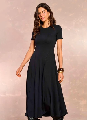 Doce Trama - Vestido Midi Retô Glam em Suedine Preto - DOCE TRAMA