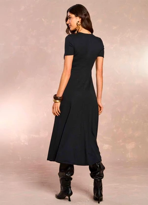 Doce Trama - Vestido Midi Retô Glam em Suedine Preto - DOCE TRAMA