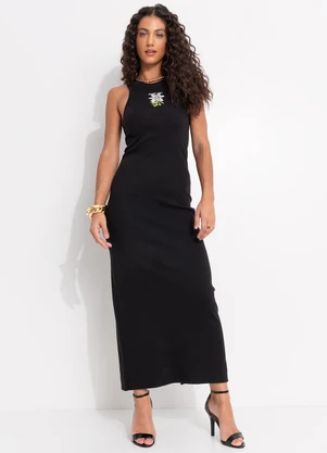 Vestido Midi Rib Maxi Flor Preto Farm - Main Image