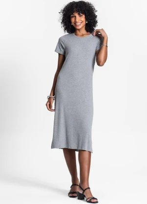 Rovitex - Vestido Midi Ribana Canelada Básico Cinza - ROVITEX